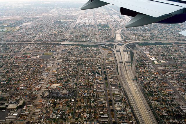 An aerial view of a city from an airplane.