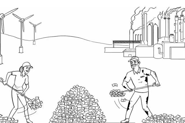A drawing showing someone from the renewable energy sector and someone from the oil industry shoveling money into a pile.