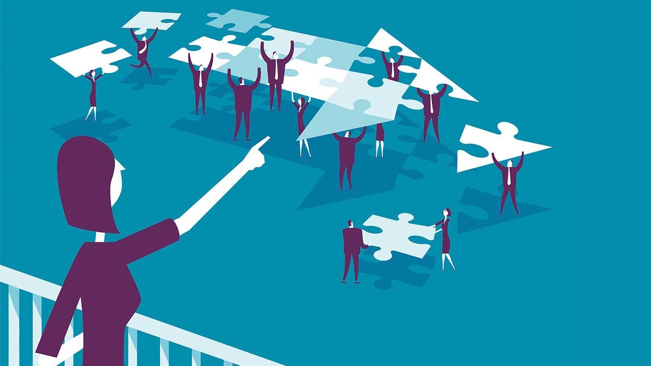 Animated graphic of a team building an arrow out of puzzle pieces.