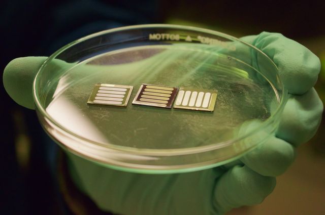 Perovskite solar cells with metal oxide hole and electron transport layers.