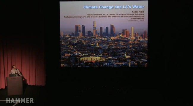 Alex Hall presenting on the role of climate change in the future of water in Los Angeles during “Next Wave: Thriving in a Hotter Los Angeles” at the Hammer Museum.