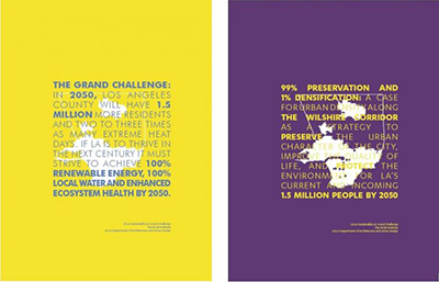 Yellow and Purple graphics stating goals of the Sustainable LA Grand Challenge