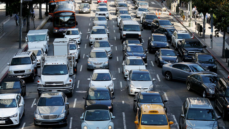 Traffic backs up along 5th Street in downtown Los Angeles on June 29.