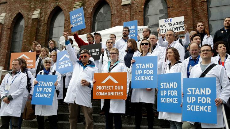 Scientists rally for climate change research during a meeting of the American Geophysical Union in San Francisco last year. At UCLA, climate scientists marked President Trump’s inauguration by making plans to protect their research data.