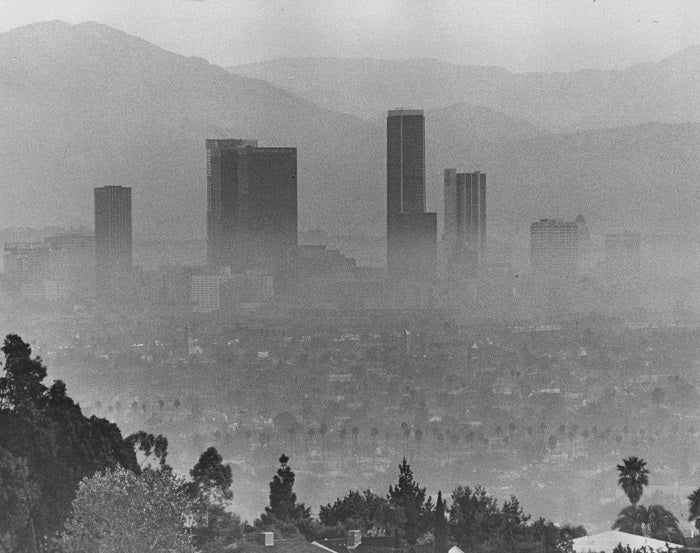 Downtown Los Angeles’ tallest buildings rise above a blanket of smog in October 1973.
