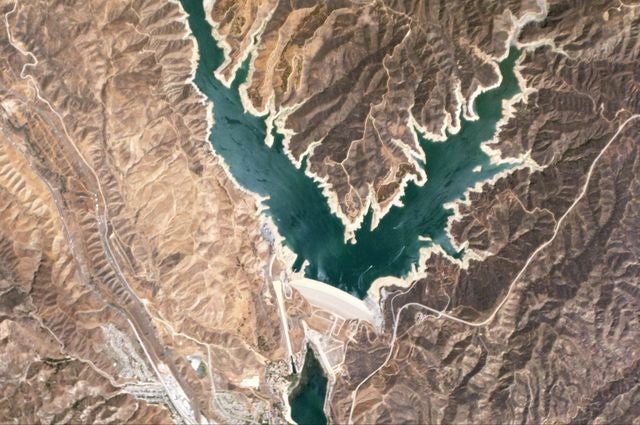 Aerial view of a dam.