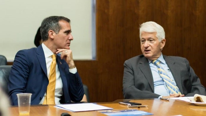 Chancellor Gene Block (right) and Los Angeles Mayor Garcetti (left) in conversation during the L.A. Sustainability Leadership Council’s second meeting on October, 11, 2017 hosted at UCLA.