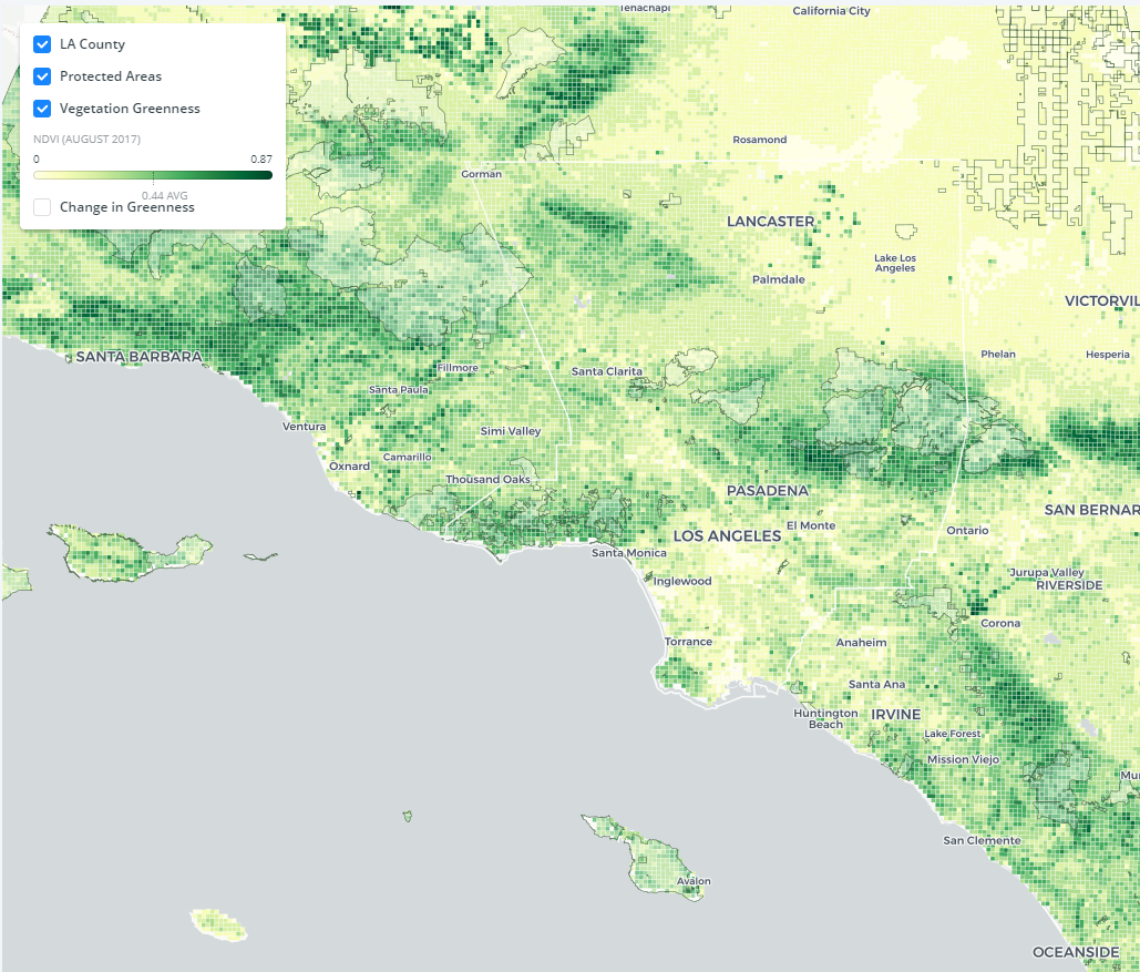 An overview map of “Challenges to Biodiversity: Changes in Vegetation” as part of the Biodiversity Atlas for Los Angeles County funded by the Sustainable LA Grand Challenge.