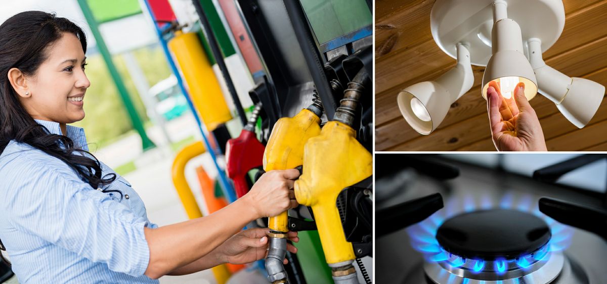 A collage of 3 photos: a woman at a gas pump, someone screwing in a light bulb, and a stove burner that is on.