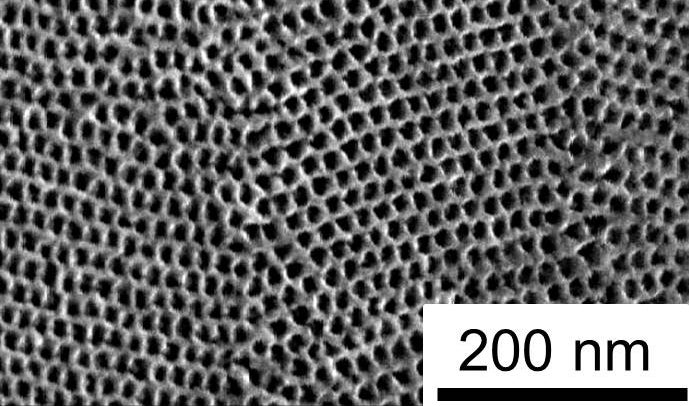 Scanning electron microscope image of the UCLA nanoporous titania/silica coating material that can improve the energy-efficiency of windows.