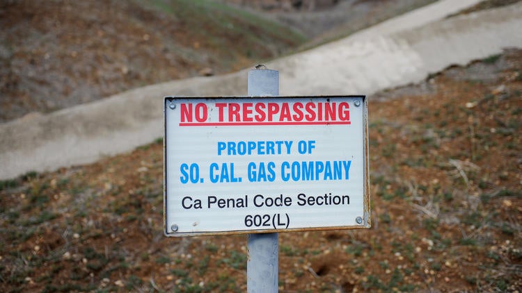 A No Trespassing sign declares the boundary line of the Southern California Gas Company gas fields at Aliso Canyon.