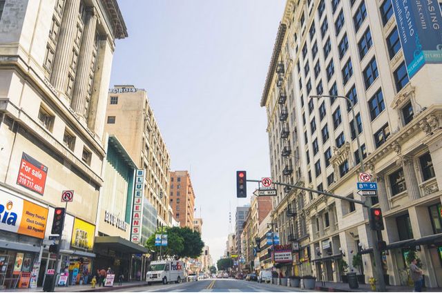 The view down Broadway from 8th Street in downtown L.A.