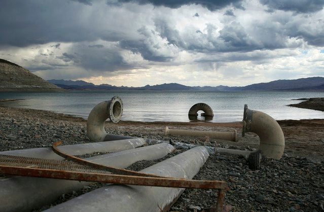Water intake pipes that were once underwater sit above the water line along Lake Mead in the Lake Mead National Recreation Area near Boulder City, Nevada. This photograph was taken on May 18, 2015