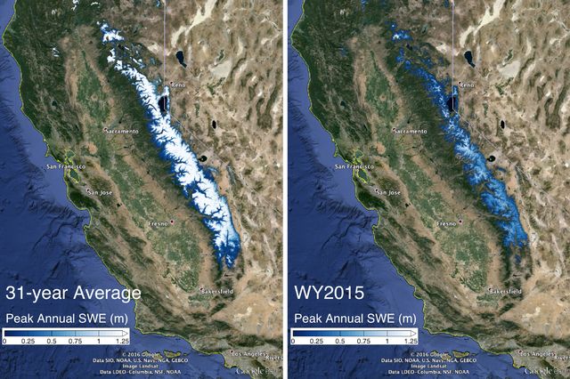 The image on the left shows the 31-year average snow water equivalent in the Sierra Nevada mountains compared with the snow water equivalent in 2015.