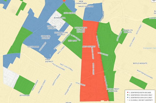 This screengrab of the mapping tool shows that the gentrification of the Arts District in Downtown Los Angeles has been happening longer than in surrounding neighborhoods.