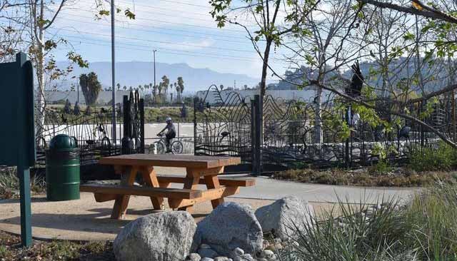 At Marsh Park in the Elysian Valley, amenities in the park and along the bike path that parallels the Los Angeles River invite users to play or relax.