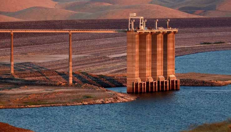 The San Luis Reservoir is only 10% full, its lowest level in 27 years, in Gustine, Calif., on Aug. 28