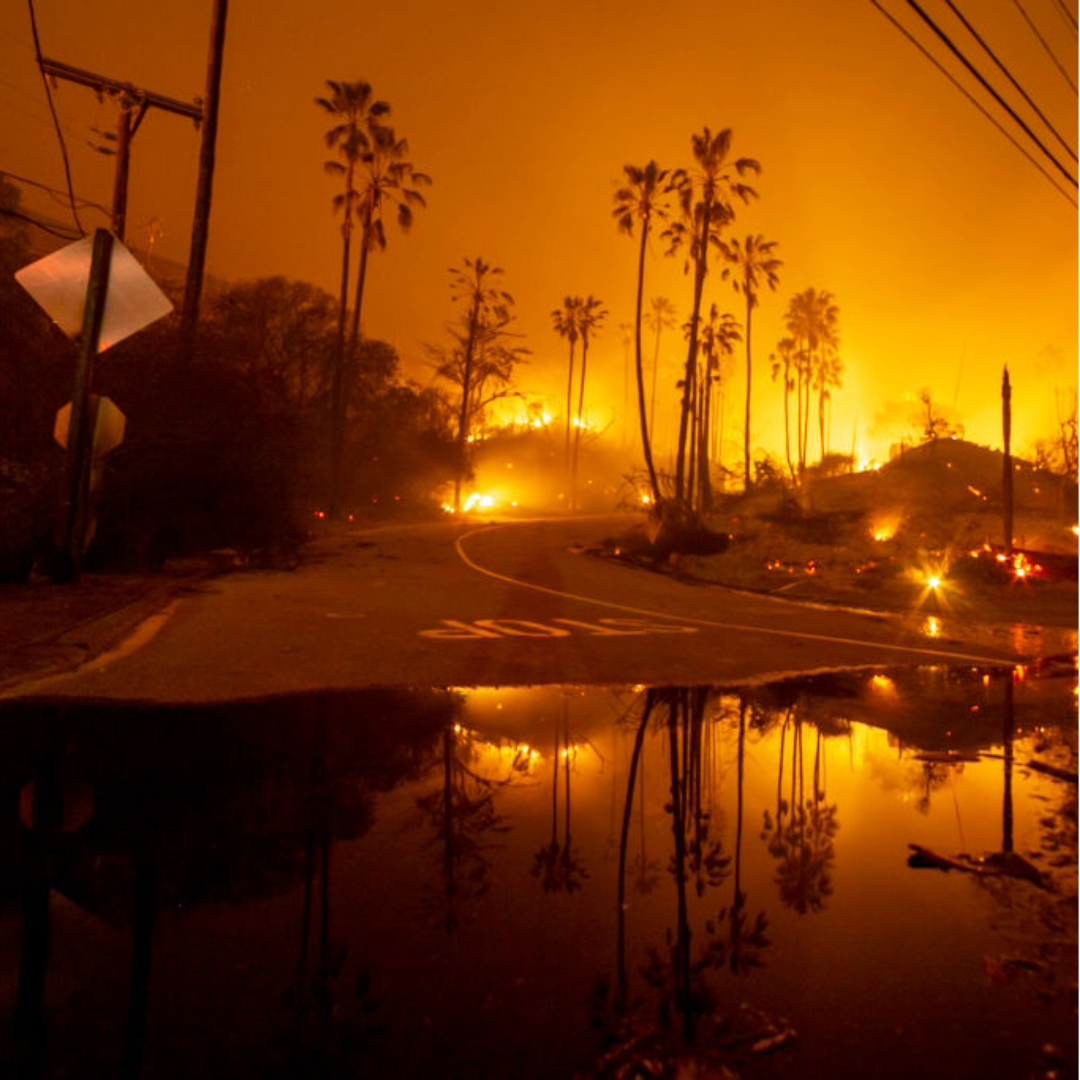 A fire burning at an intersection.