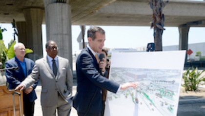 Mayor Eric Garcettipictured above at a press conference about the Metro LAX Green Line station.