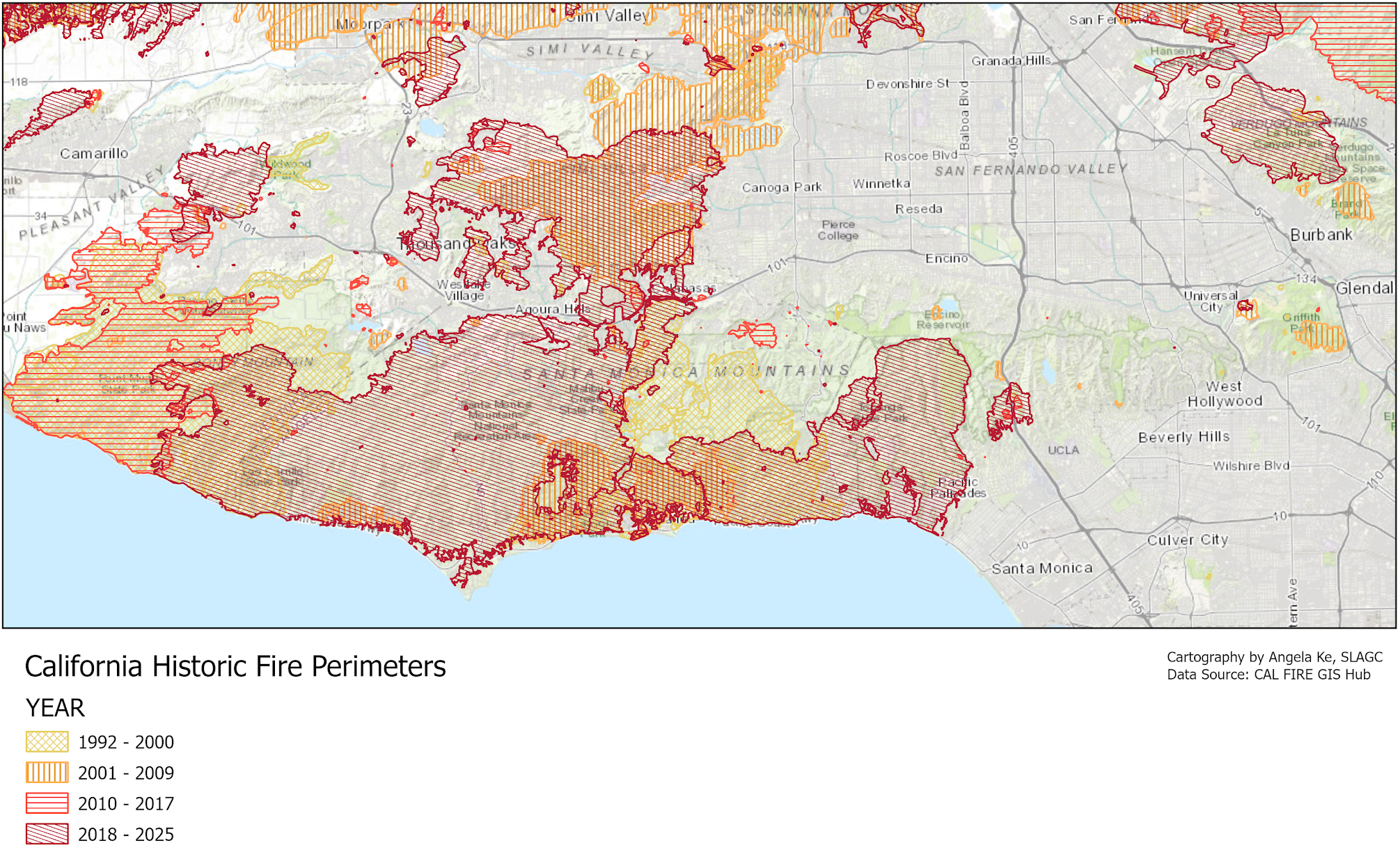 A map of fires in the Santa Monica Mountains over the last 30 years