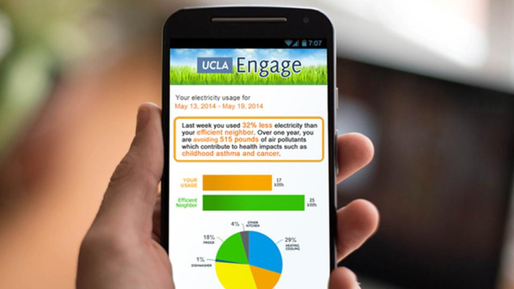 A hand holds a phone showing a UCLA Engage report of energy usage