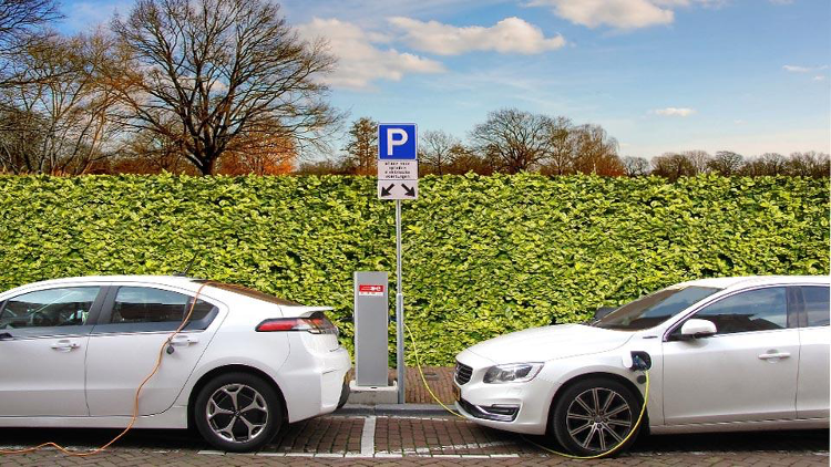 Two electric vehicles parked and charging
