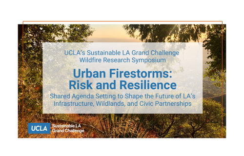 A landscape with words overlaid advertising the SLAGC Wildfire Symposium