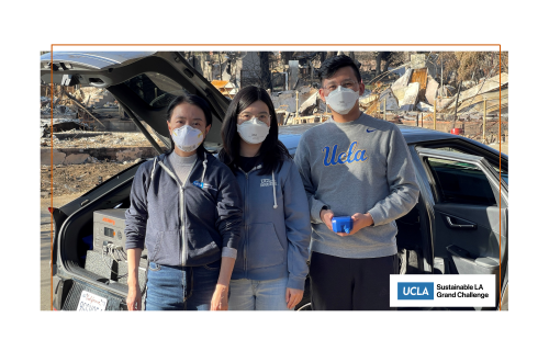Three people wearing facemasks standing in front of a car with debris from the Palisades Fire behind them.