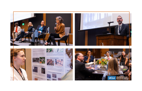 A collage of four images showing a panel of people sitting on stage, a man at a podium, a young woman standing in front of a poster of research, and a table discussion.