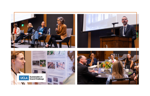 A collage of four images from a symposium including people speaking on a stage and discussing at a table.