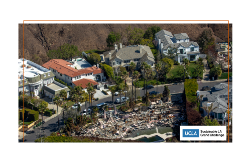 An overhead photo of a burned house surrounded by standing homes.