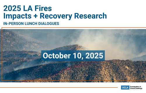 An aerial view of mountains with a smoke plume and text that reads 2025 LA fires impacts + recovery research lunch dialogues October 10, 2025