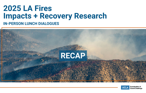 A banner that reads 2025 2025 LA fires impacts + recovery research lunch dialogues recap