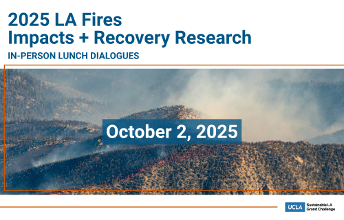 A banner reading 2025 LA Fires Impacts + Recovery Research Lunch Dialogues October 2, 2025