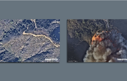 Two areal images of a landscape, one is on fire.