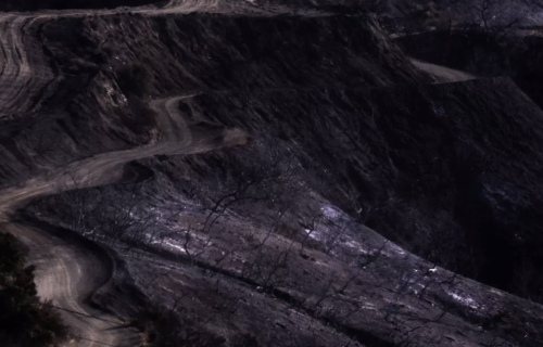 A hillside blackened by fire burns