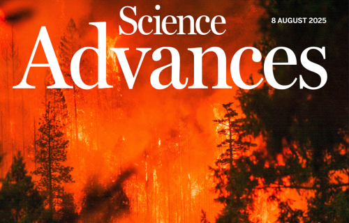 The cover of Science Advances magazine for August 8 showing a forest fire