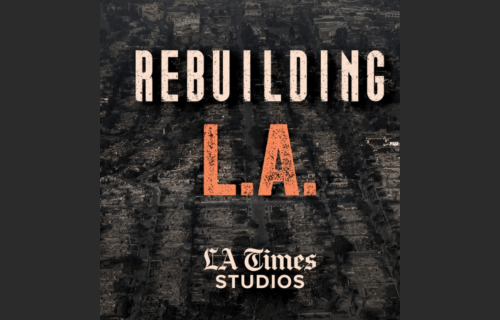 A logo for a podcast that reads Rebuilding LA