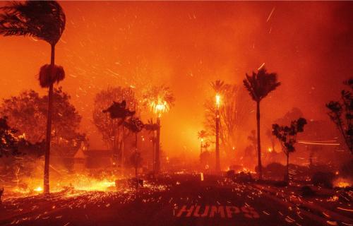 An urban street lined with palm trees on fire