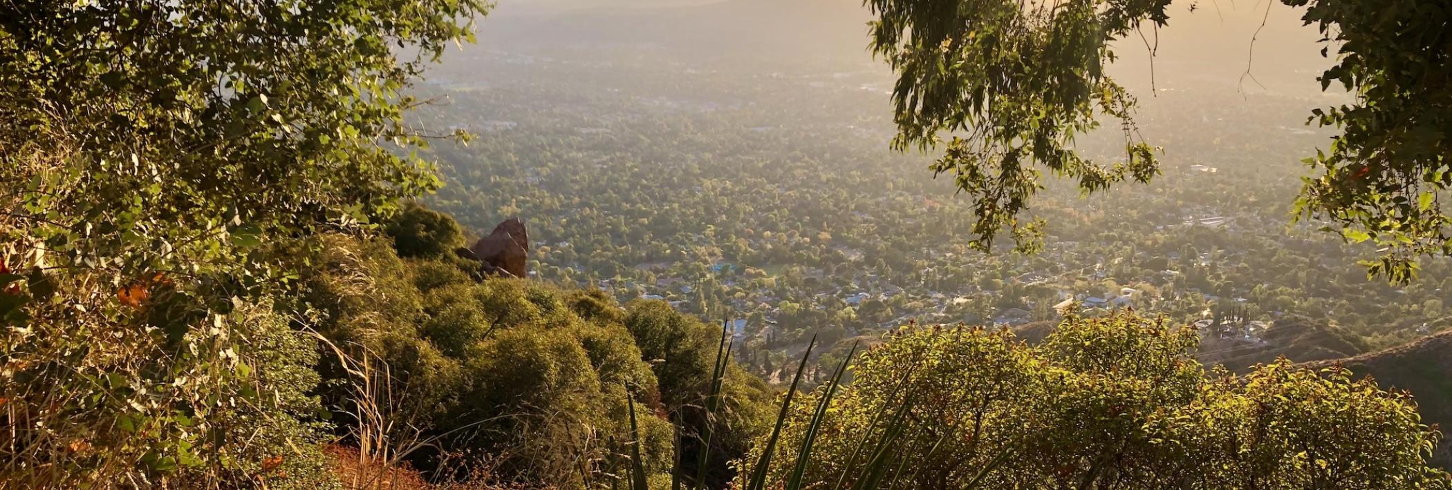 A view of a city from a mountainside.