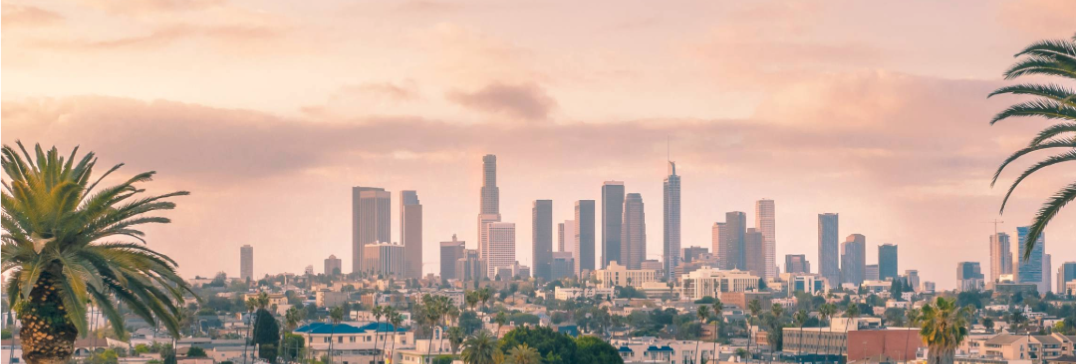 A photo of the Los Angeles skyline with pink and blue clouds and tall buildings in the background.