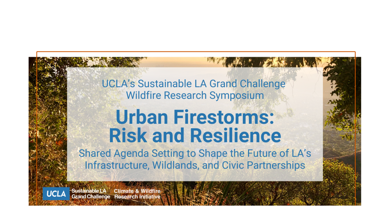 A landscape image with text promoting Sustainable LA Grand Challenge's Wildfire Research Symposium