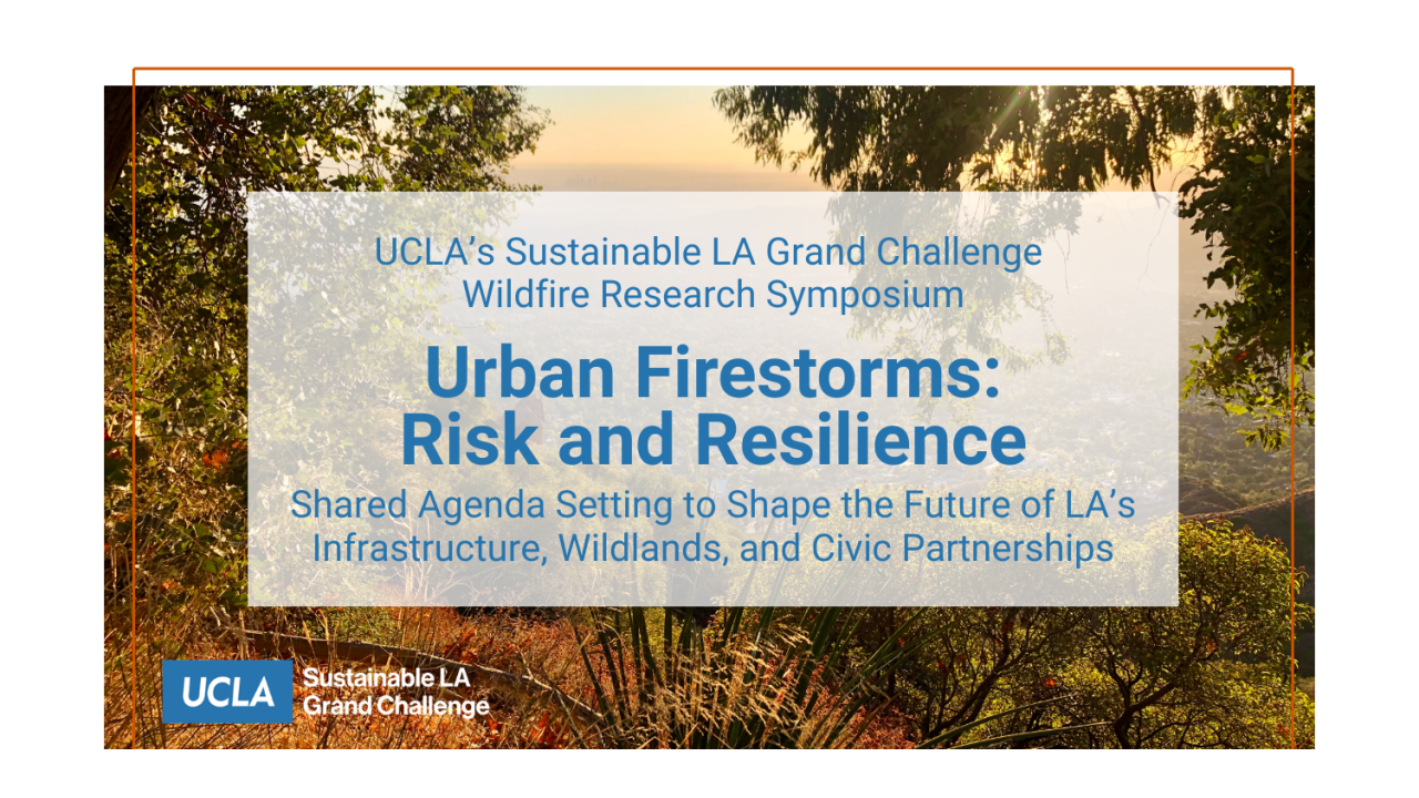 A landscape with words overlaid advertising the SLAGC Wildfire Symposium