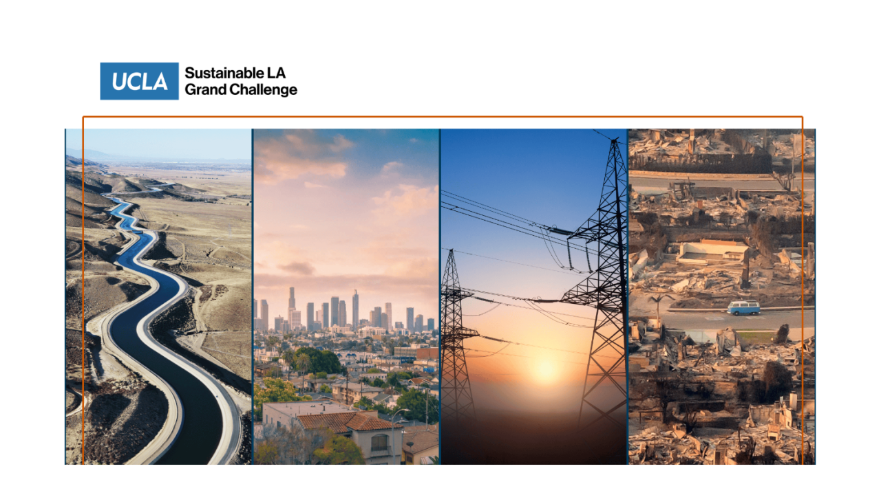 A collage of four images showing a water aqueduct, the LA skyline, electricity transmission lines, and the burn scar from the Palisades fire