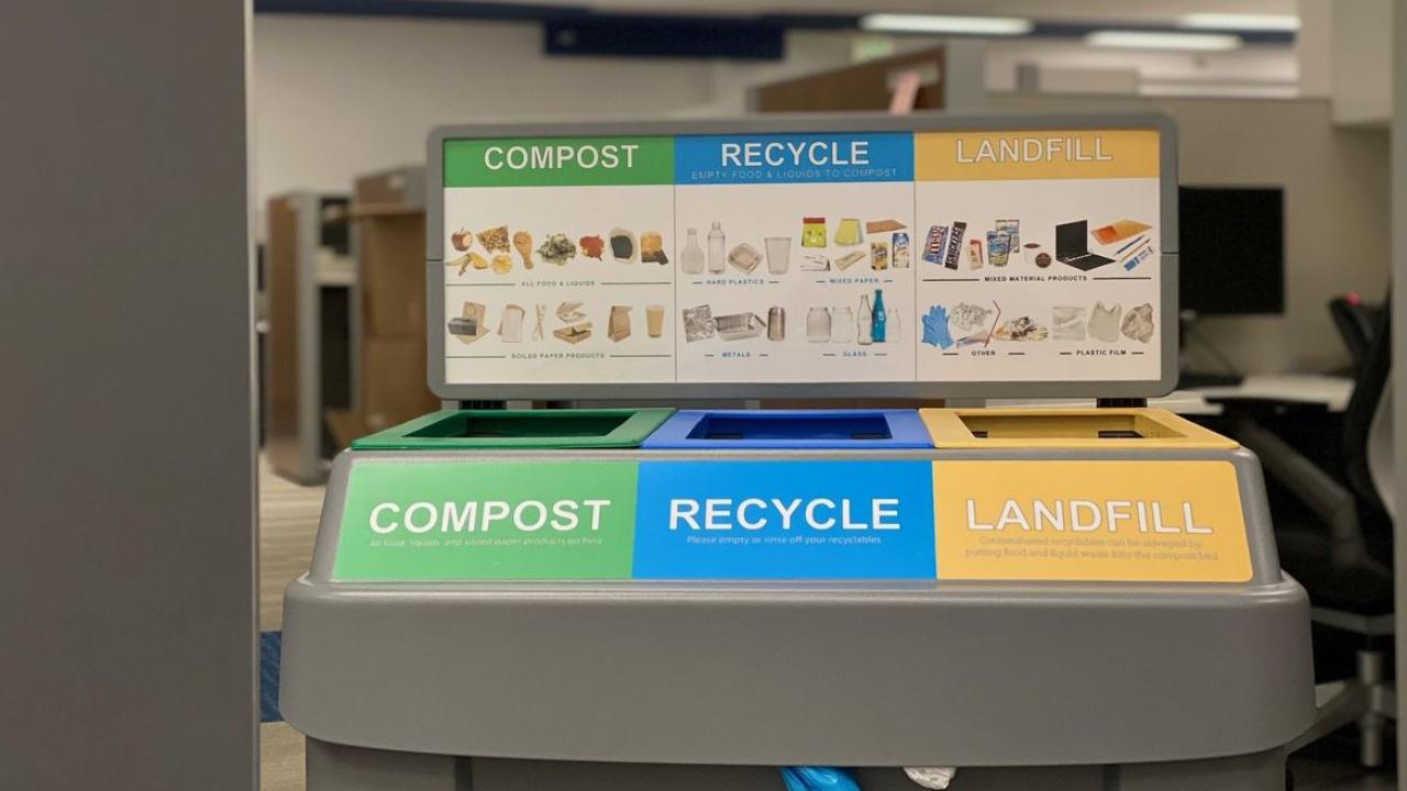 Bins with three waste streams (compost, recycling, landfill)