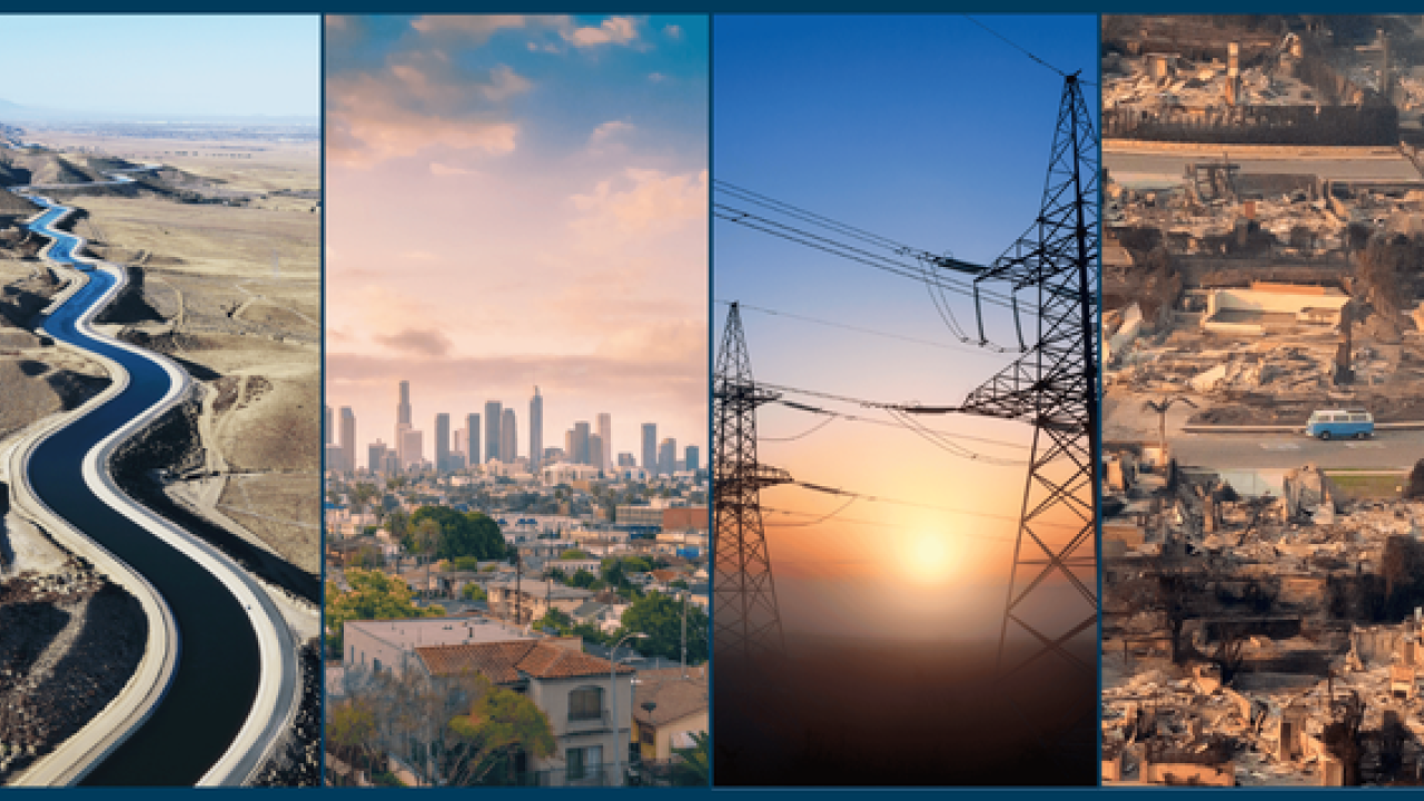 A collage of four images including an aqueduct, the LA skyline, power lines, and destruction from the Palisades fire.