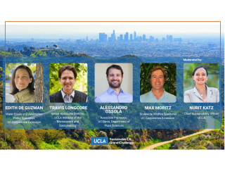 A panel of speakers on a background of green mountains