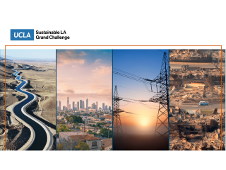 A collage of four images showing a water aqueduct, the LA skyline, electricity transmission lines, and the burn scar from the Palisades fire
