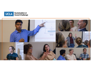 A collage of images of people in conversation and giving talks.