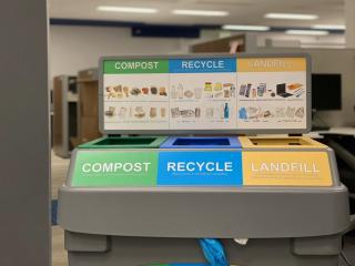 Bins with three waste streams (compost, recycling, landfill)